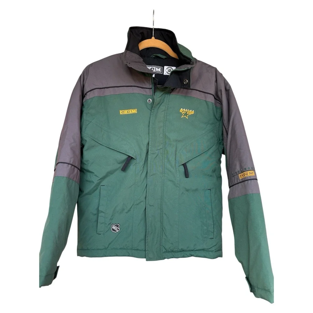 VTG CCM Dallas Stars NHL Center Ice Winter Puffer Coat Green Gray Youth LG